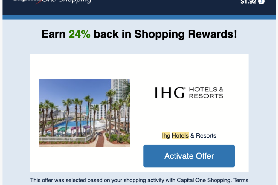 Screenshot showing 24% back offer on IHG Hotels from Capital One Shopping Rewards.