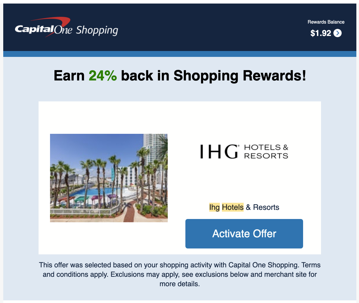 Screenshot showing 24% back offer on IHG Hotels from Capital One Shopping Rewards.