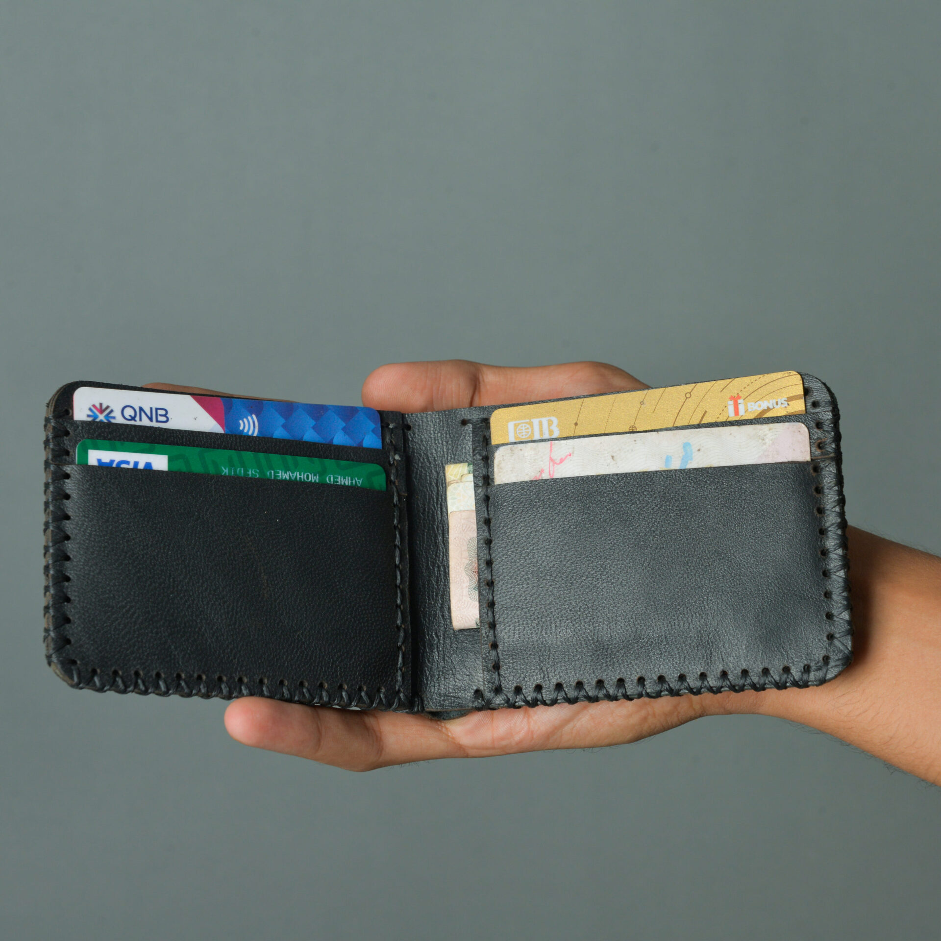 Close up photo of a black leather wallet