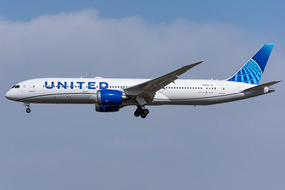 A United Airlines Boeing 787-9 with new livery at Beijing Capital International Airport.