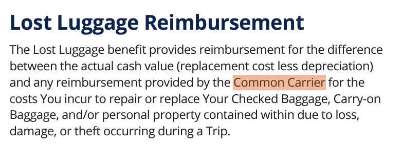 Excerpt from a credit card guide to benefits mentioning the term Common Carrier. The term, Common Carrier, is highlighted.