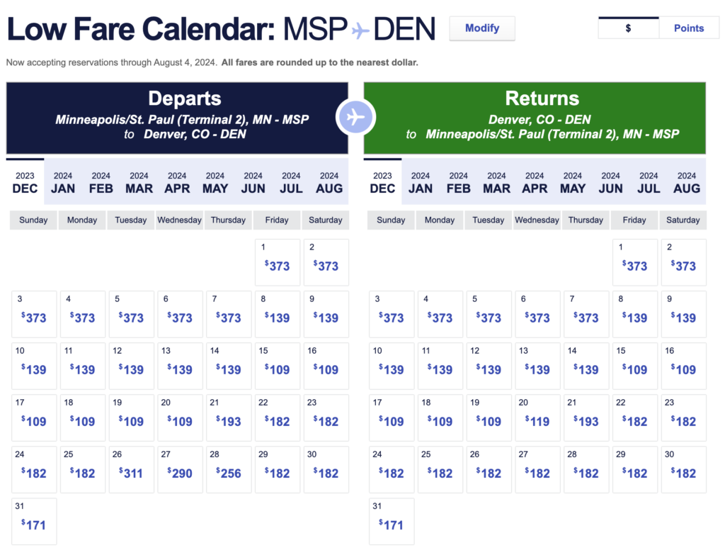 Low fare calendar showing the prices of Southwest Airlines flights over a month priced in dollars.