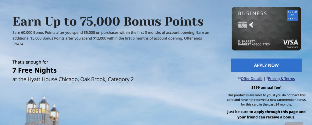 Screenshot from Chase.com showing the 75k Hyatt Business Card welcome offer.