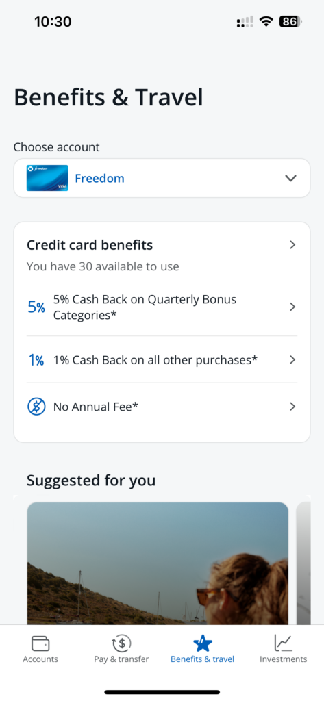 Screenshot of the Chase mobile app. The "Benefits & Travel" section of the main navigation menu is selected and the Benefits & Travel screen is displayed. The screen is scrolled to where the "Credit Card Benefits" panel is visible. The panel text reads "You have 30 (benefits) available to use."